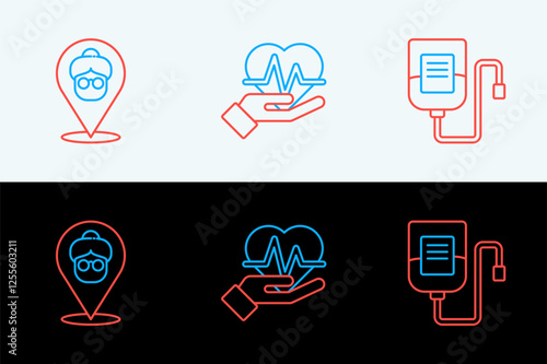 Set line IV bag, Nursing home and Heart rate icon. Vector