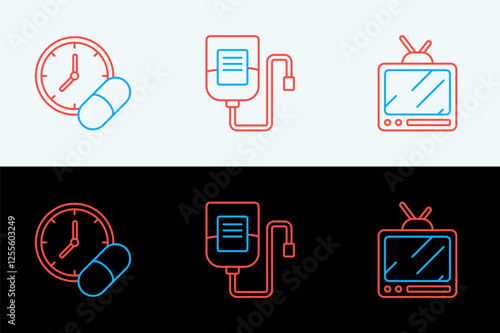 Set line Retro tv, Medicine pill or tablet and IV bag icon. Vector