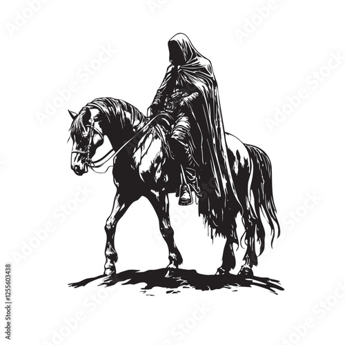 A dark, grim reaper hooded figure rides a powerful horse, draped in flowing cloaks. A gothic, fantasy-style black-and-white illustration exuding mystery and power.