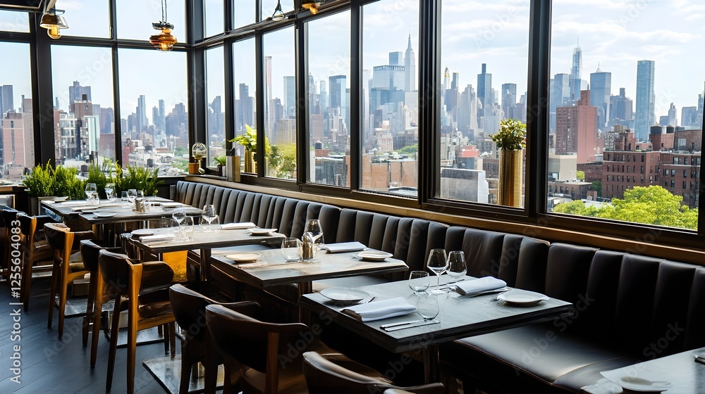 Fototapeta premium A stylish rooftop restaurant with city views, lush decor, and a blank framed canvas.