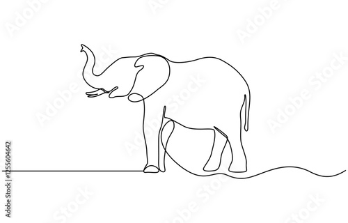 Continuous line of walking standing elephant. Single one line art of wild elephant, One continuous line illustration of an elephant, isolated on white background.