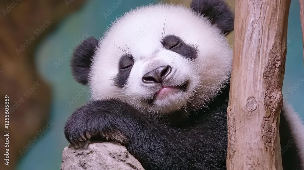 Obraz premium Close up of a sleepy panda cub resting on a rock, its eyes closed, mouth slightly open, and tongue visible. The cub has white fur with black