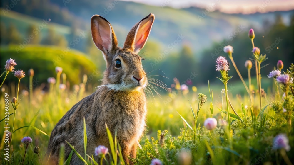 Tranquil Rabbit in Lush Meadow Surrounded by Colorful Wildflowers Tranquil Rabbit in Lush Meadow Surrounded by Colorful Wildflowers