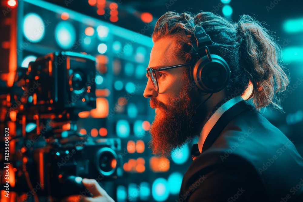 A creative director sitting in a media production room, reviewing a commercial advertisement before its launch A creative director sitting in a media production room, reviewing a commercial advertisement before its launch