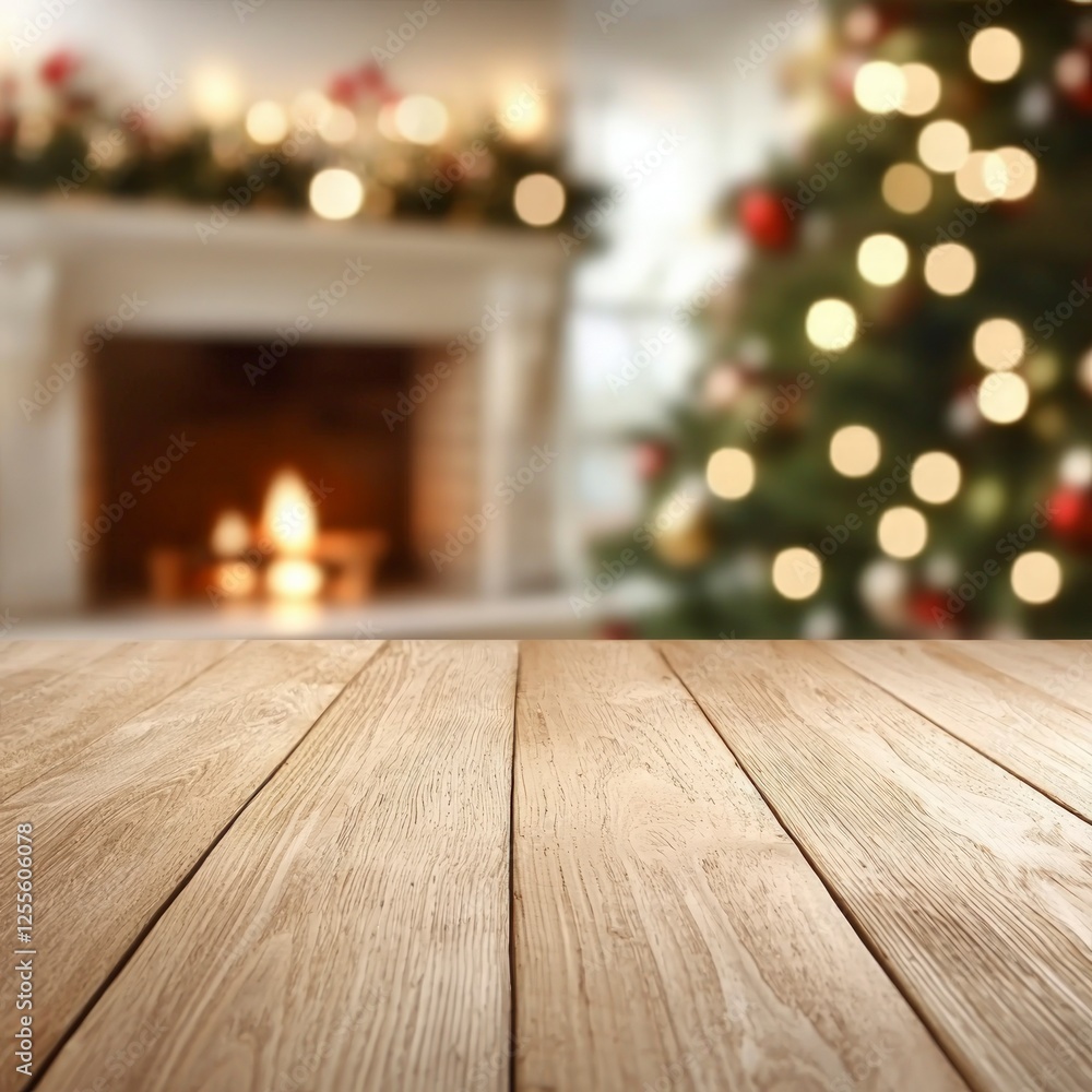 Warm Wooden Tabletop Christmas Scene with Blurred Fireplace and Decorated Tree Warm Wooden Tabletop Christmas Scene with Blurred Fireplace and Decorated Tree