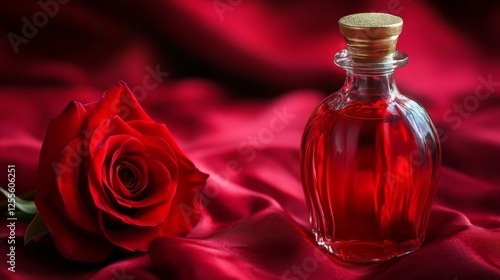 Stunning Red Rose and Elegant Glass Bottle on Crimson Silk