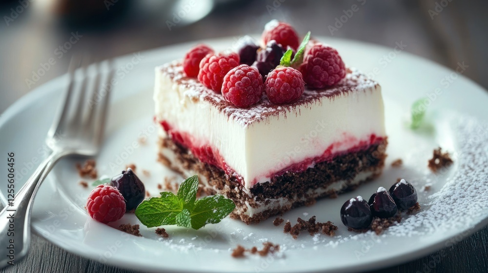 Delicious raspberry tiramisu dessert on a plate, perfect for a sweet treat Delicious raspberry tiramisu dessert on a plate, perfect for a sweet treat