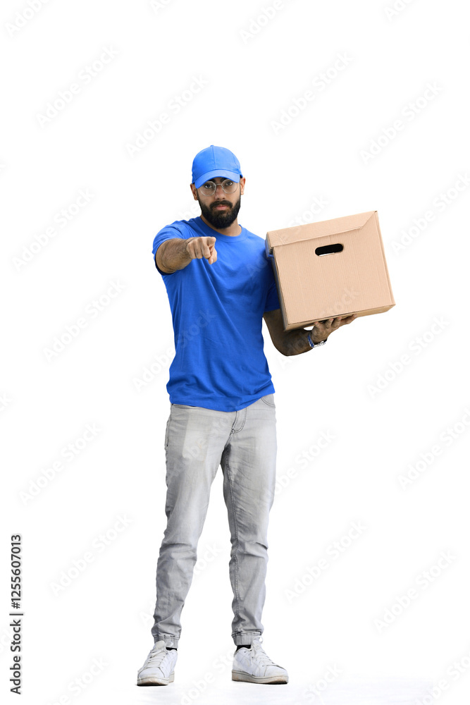 A male deliveryman, on a white background, full-length, with a box, points forward A male deliveryman, on a white background, full-length, with a box, points forward