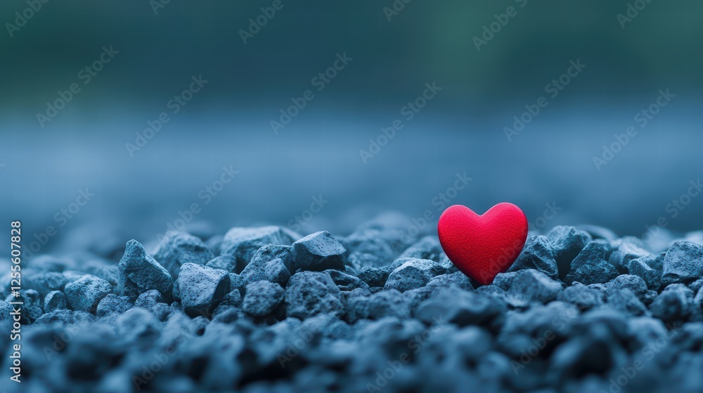 Fototapeta premium Red Heart on Stone Surface in Soft Focus with Natural Background