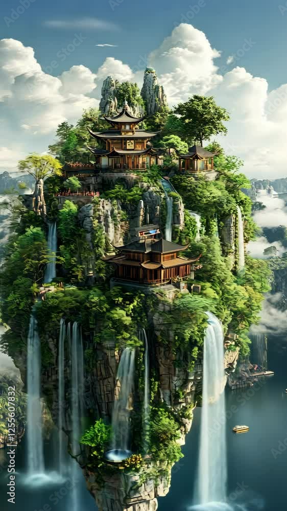 Serene mountain retreat perched atop cliffs with cascading waterfalls surrounded by lush greenery and misty clouds Serene mountain retreat perched atop cliffs with cascading waterfalls surrounded by lush greenery and misty clouds
