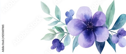 Watercolor Purple Flowers and Green Leaves on White Background