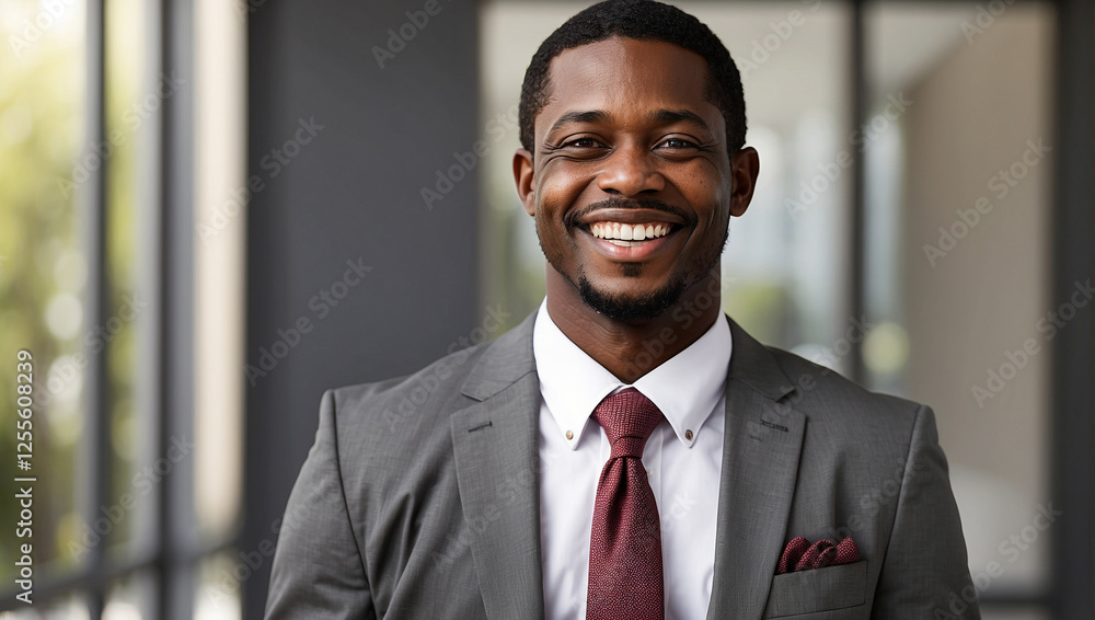 A Happy African American Businessman Smiling Confidently in a Professional Setting A Happy African American Businessman Smiling Confidently in a Professional Setting