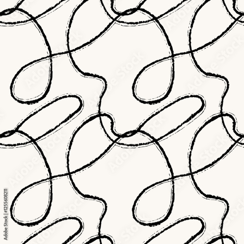 Trendy aesthetic abstract seamless pattern with bold brush strokes, textured in classic colors of black and off-white. Painted curvy lines for presentations, wrapping paper, wallpaper, printable
