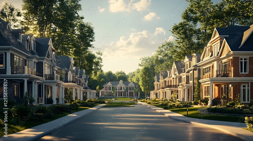 Fototapeta premium Warm sunlight illuminates charming street lined with elegant homes. AI Generated