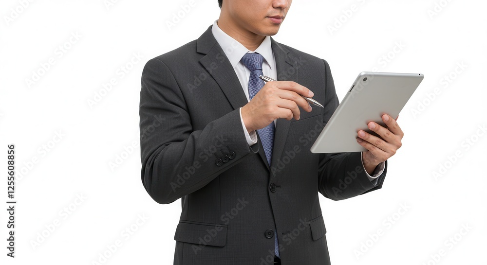 Young successful employee IT business man corporate lawyer wears classic formal shirt tie work in office hold use digital tablet pc computer isolated on plain pastel blue background studio portrait Young successful employee IT business man corporate lawyer wears classic formal shirt tie work in office hold use digital tablet pc computer isolated on plain pastel blue background studio portrait