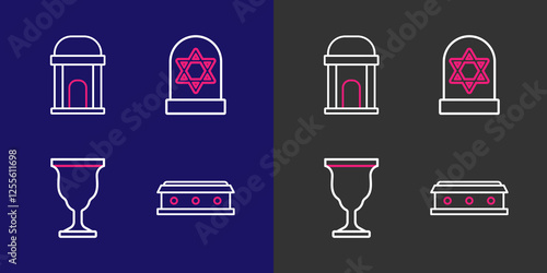 Set line Coffin with cross, Christian chalice, Grave star david and Old crypt icon. Vector