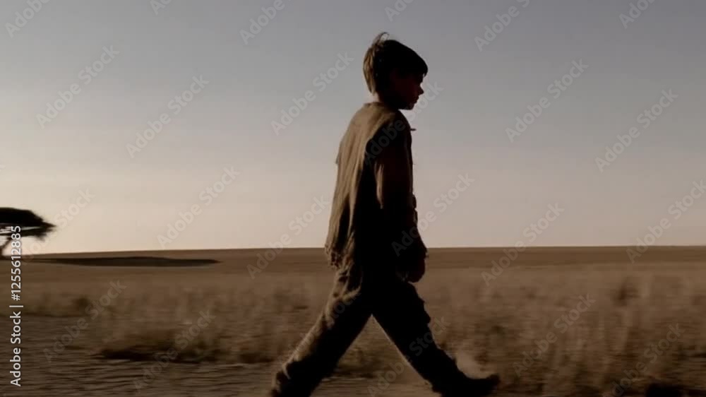 Hungry boy on the dry land. Back view. Hungry boy on the dry land. Back view.
