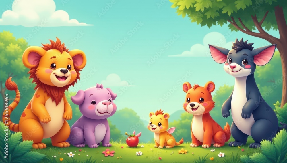 Fototapeta premium Friendly cartoon animals, diverse species, whimsical style, whimsical, illustration, picture