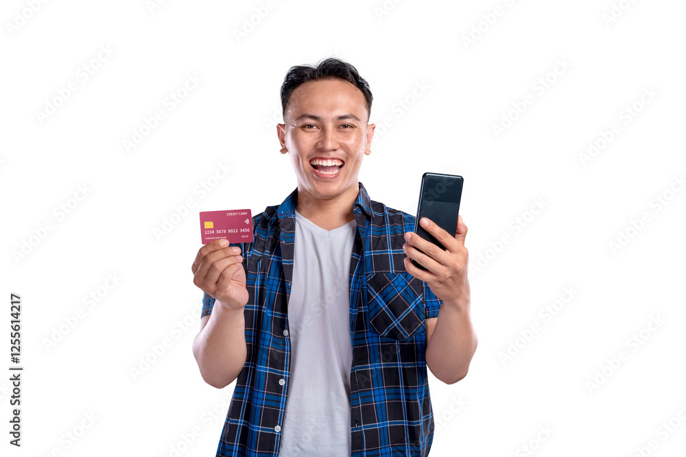 A portrait of an Asian Indonesian man in shirt holding mobile phone while showing credit card isolated over white background. Copy space or mockup. Concept of technology, communication, or shopping A portrait of an Asian Indonesian man in shirt holding mobile phone while showing credit card isolated over white background. Copy space or mockup. Concept of technology, communication, or shopping