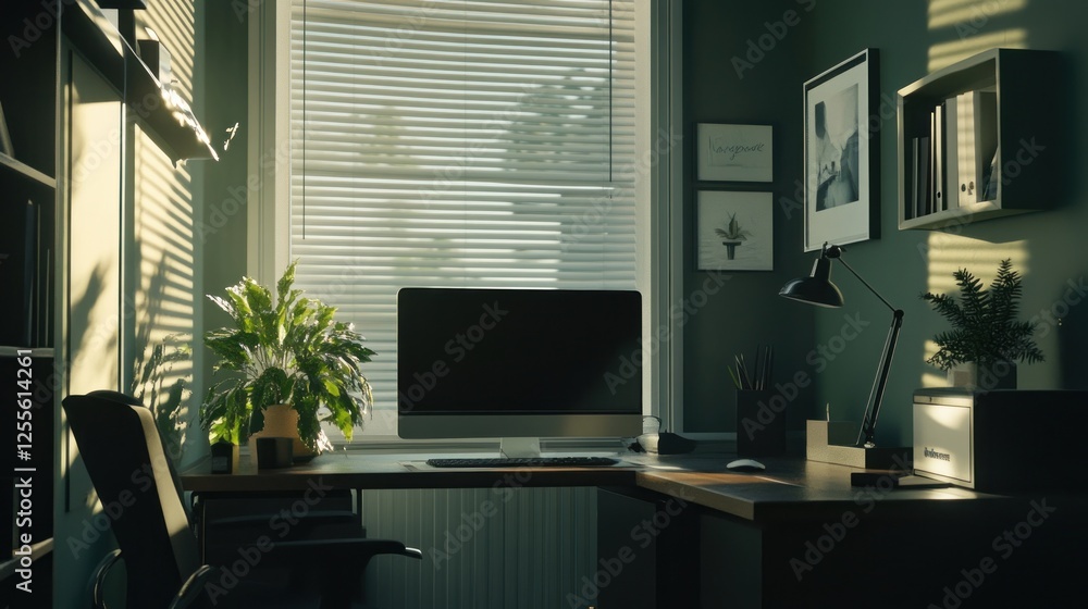 Fototapeta premium Stylish home office setup with natural light and contemporary design elements