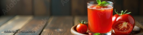 Wallpaper Mural Glass of vibrant tomato juice with garnish, halved tomato on a wooden tray, food, minimal, tasty Torontodigital.ca