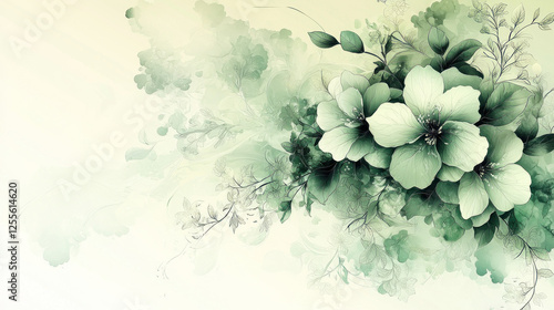 Green watercolor flowers on light background, artistic floral design element
