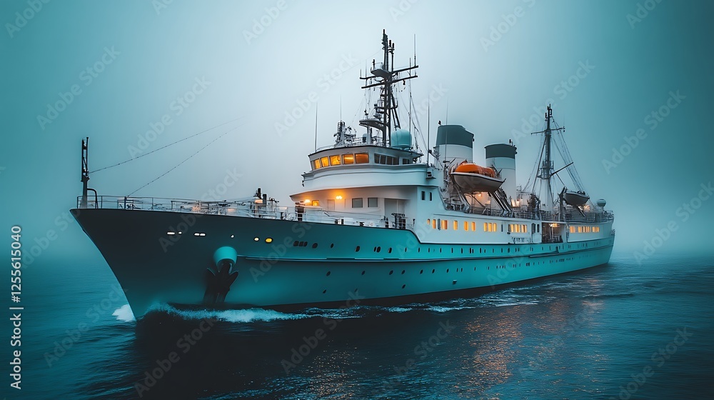 Naklejka premium Teal Ship Sailing Through Misty Waters at Dusk