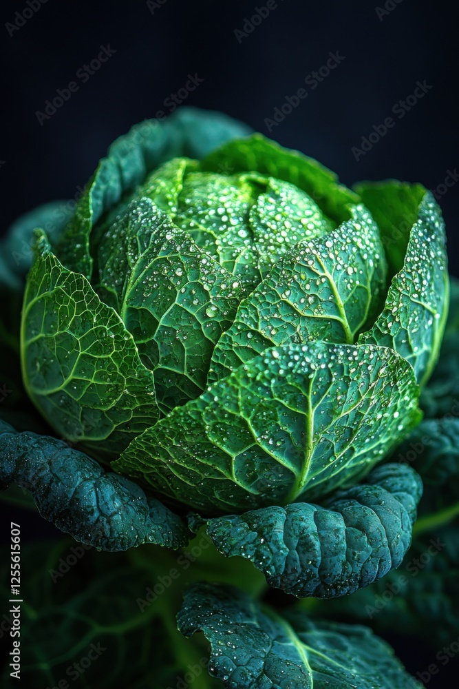 Obraz premium Fresh dewy cabbage with water droplets on leaves