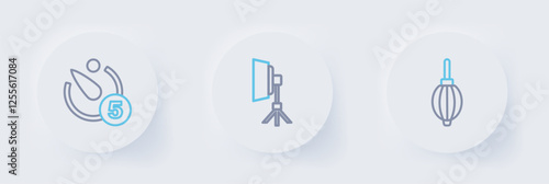 Set line Dust blower, Softbox light and Camera timer icon. Vector