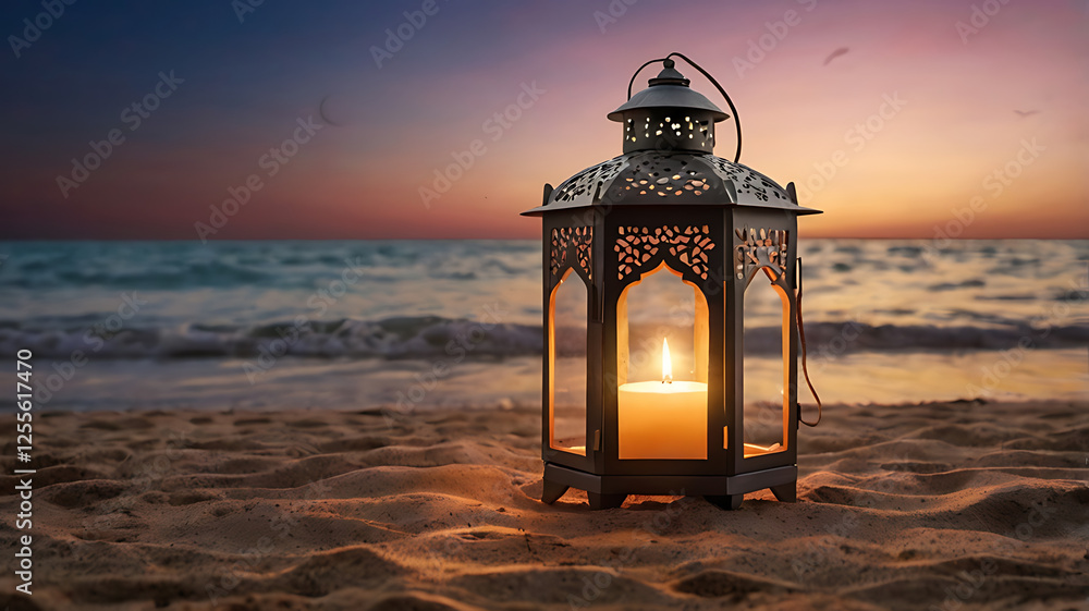 Eid Mubarak greeting background Lantern with crescent moon shape on the beach with sunset sky Eid Mubarak greeting background Lantern with crescent moon shape on the beach with sunset sky