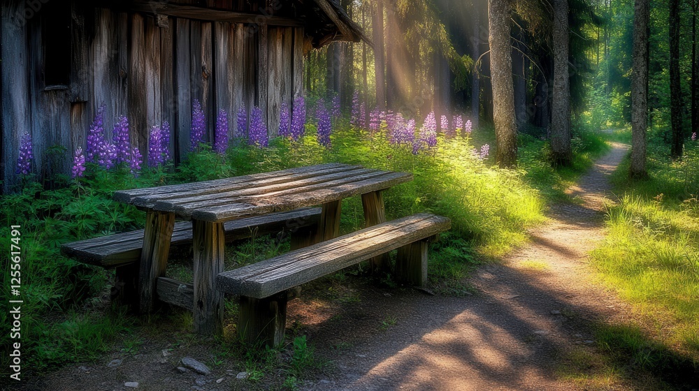Fototapeta premium Relaxing outdoor picnic table surrounded by beautiful wildflowers enchanted forest nature scene peaceful atmosphere