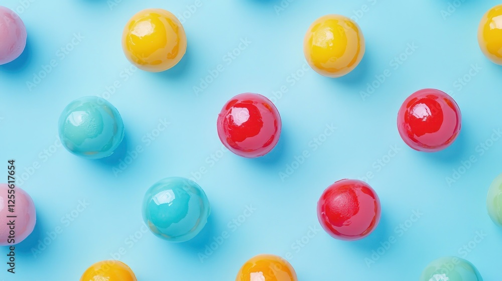 Fototapeta premium Colorful gumballs arranged on blue background; food photography, website design