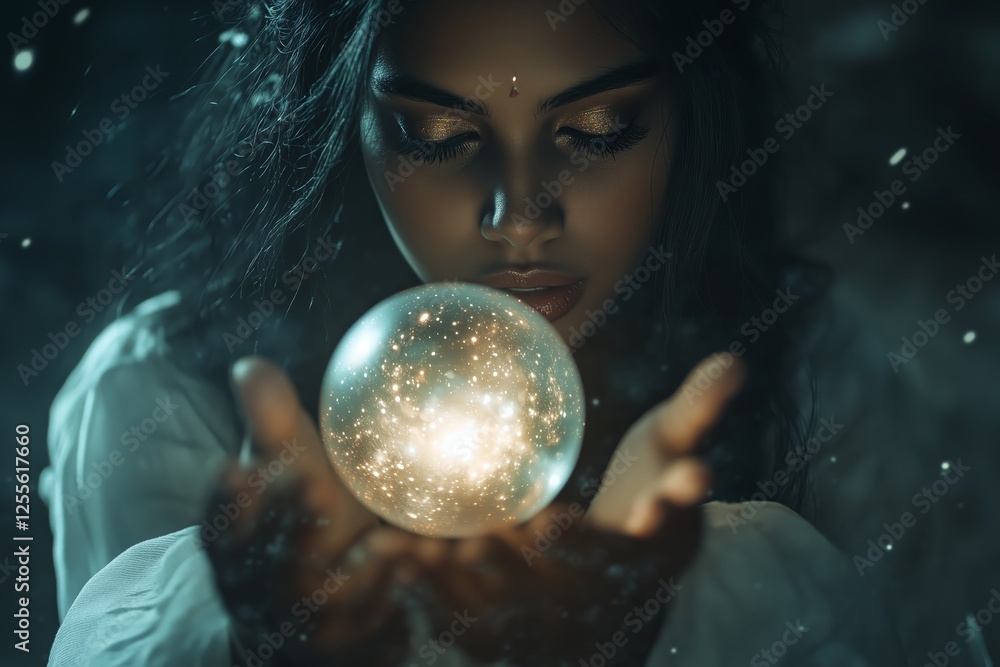 Naklejka premium Mystical woman conjuring a floating, glowing orb in a magical atmosphere
