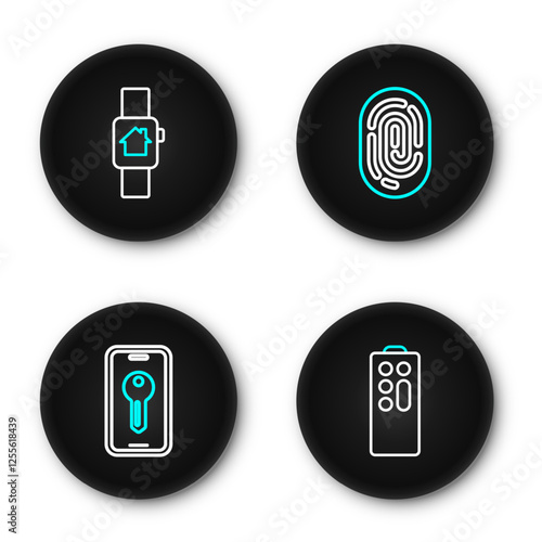 Set line Remote control, Smart key, Fingerprint and home with smart watch icon. Vector