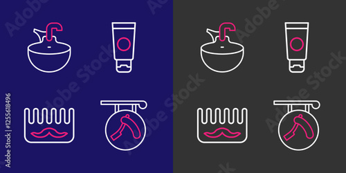 Set line Barbershop with razor, Hairbrush, Cream cosmetic tube and Washbasin icon. Vector