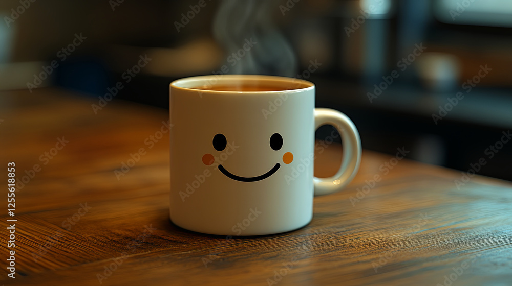 Warm Cup of Coffee With a Smiley Face Design Sits on a Wooden Table in a Cozy Kitchen Setting During the Morning Hours With Soft Light Warm Cup of Coffee With a Smiley Face Design Sits on a Wooden Table in a Cozy Kitchen Setting During the Morning Hours With Soft Light