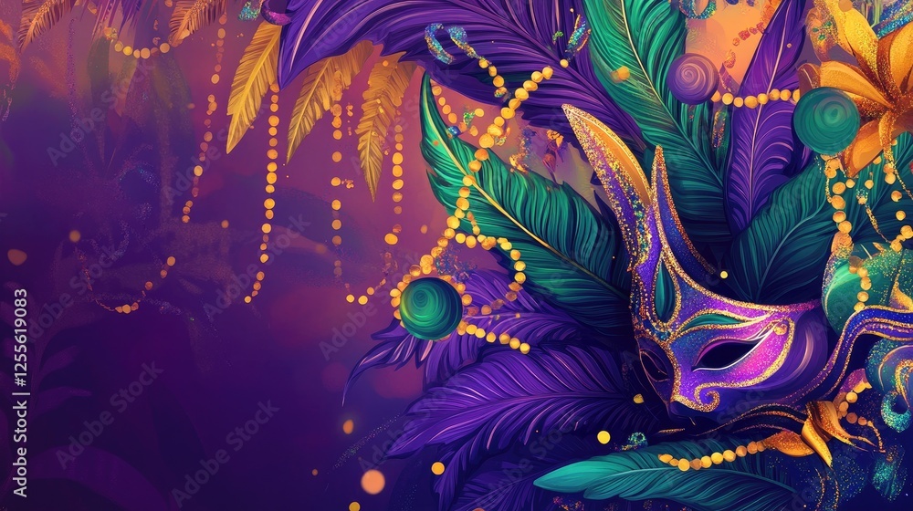 A vibrant Mardi Gras illustration with a gradient background, featuring decorative beads, masks, and carnival elements in purple, green, and gold A vibrant Mardi Gras illustration with a gradient background, featuring decorative beads, masks, and carnival elements in purple, green, and gold