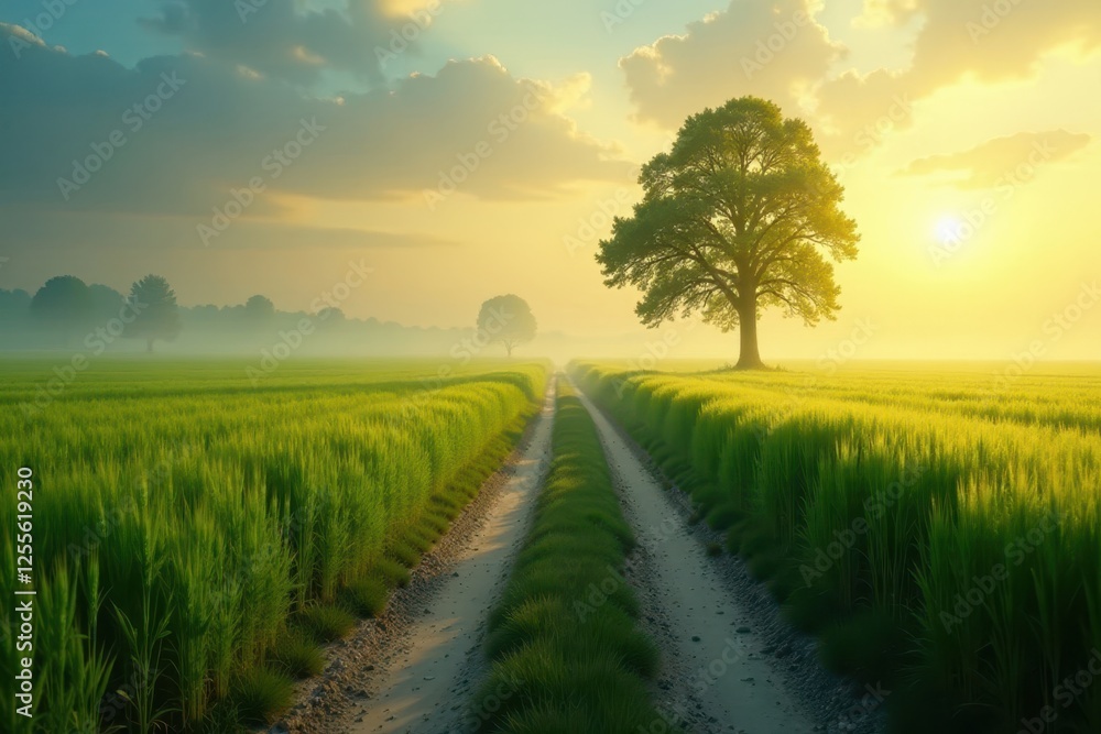 Fototapeta premium Misty dawn light bathes a country lane cutting through vast, emerald wheat fields , farmland, road, agricultural field