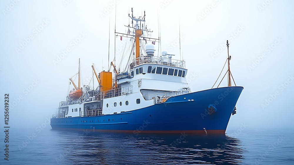 Blue and White Research Vessel Sailing in Fog Blue and White Research Vessel Sailing in Fog