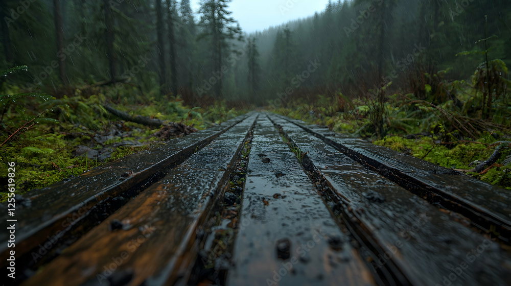 Fototapeta premium Rainy forest boardwalk path, misty background