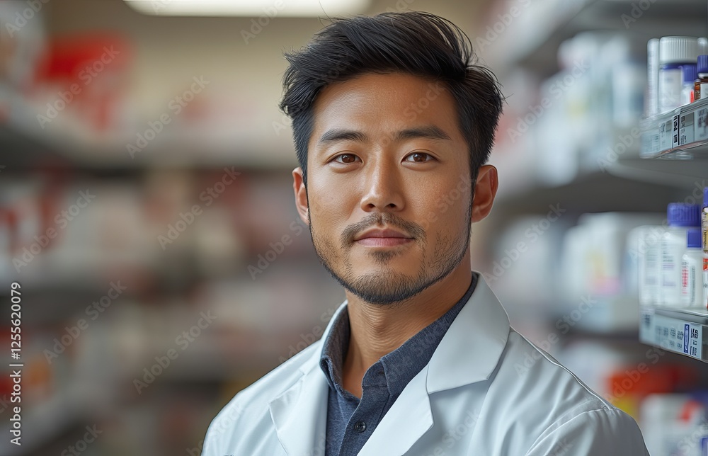 Obraz premium A portrait of an asian american pharmacist at a community pharmacy in urban america capturing the essence of healthcare and cultural identity