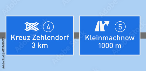 Autobahntafel; Autobahn A115, Kreuz Zehlendorf, Ausfahrt 5, Kleinmachnow in Richtung Berlin Zentrum, Nachbildung