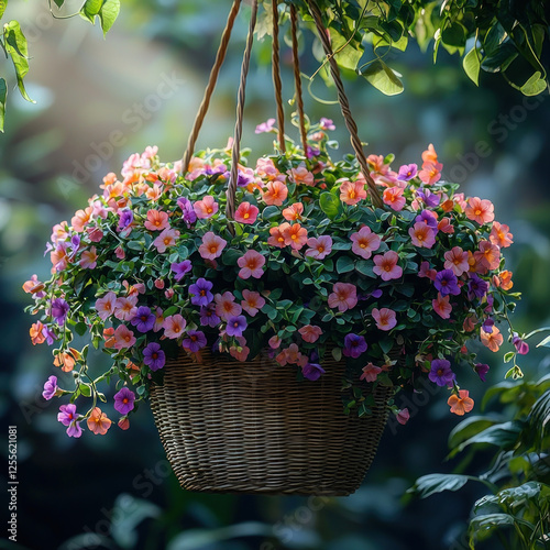 Colorful flowers in hanging basket in garden