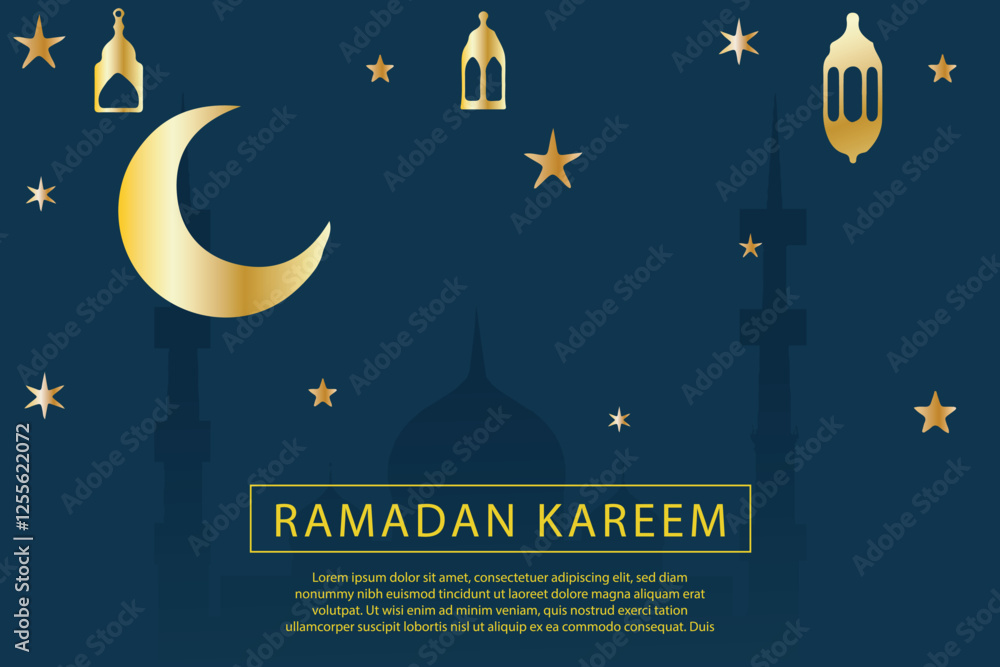 Background for Ramadan greeting cards, social media, banners and templates. with golden crescent moon, mosque silhouette and arabesque decoration Background for Ramadan greeting cards, social media, banners and templates. with golden crescent moon, mosque silhouette and arabesque decoration