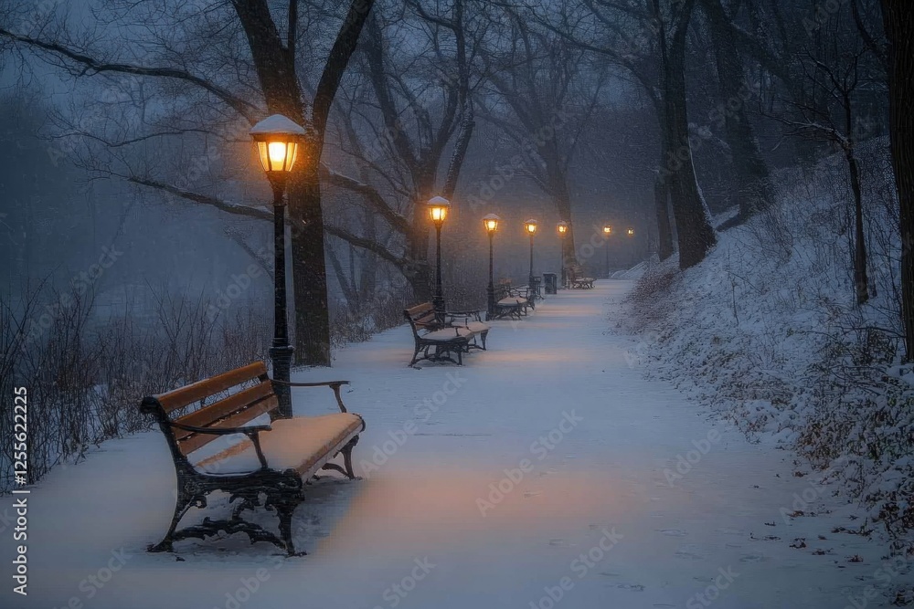 Snowy Winter Evening in a Quiet Park with Glowing Street Lamps Snowy Winter Evening in a Quiet Park with Glowing Street Lamps