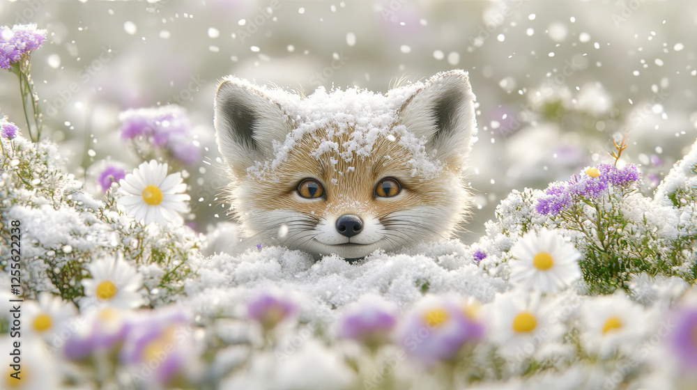 Obraz premium Fox Peeking Through a Snowy Flower Field During Winter While Snowflakes Softly Fall Around
