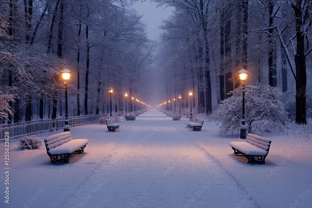 Serene Winter Evening in Snowy Park with Softly Glowing Lamps Serene Winter Evening in Snowy Park with Softly Glowing Lamps