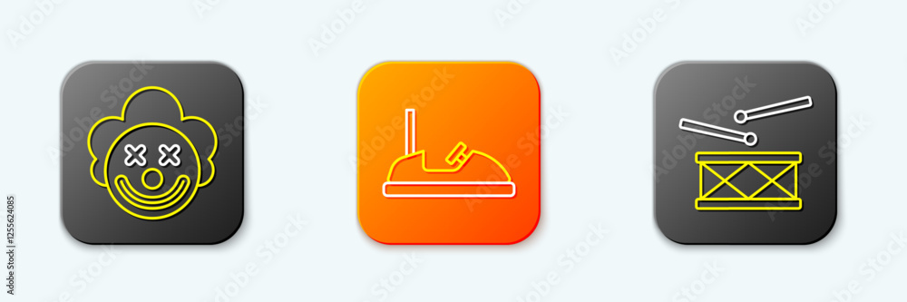 Set line Clown head, Bumper car and Drum with drum sticks icon. Vector Set line Clown head, Bumper car and Drum with drum sticks icon. Vector