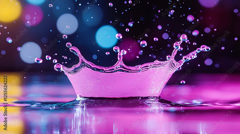 Colorful Water Splash Creating Ripples Under Vibrant Lights in a Dark Setting Colorful Water Splash Creating Ripples Under Vibrant Lights in a Dark Setting