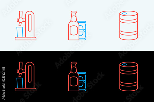 Set line Metal beer keg, Beer tap with glass and bottle and can icon. Vector